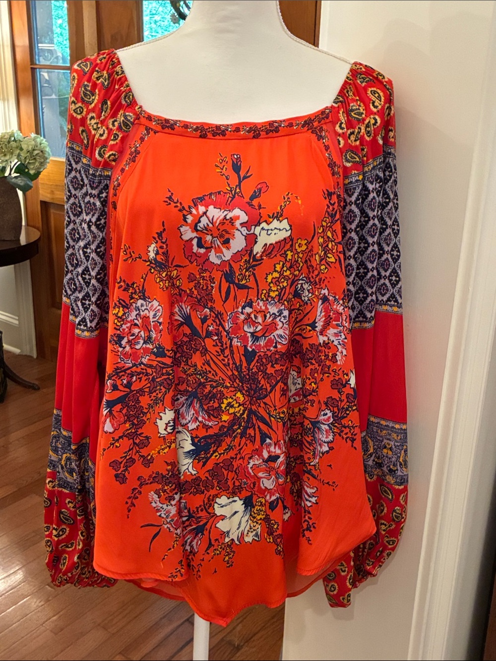 Free People Orange Floral Square-Neck Boho Tunic